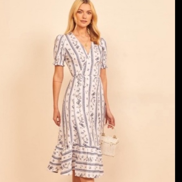 NWOT Reformation Veronika Wrap Dress Roquefort Print 100% Linen Sz 4 - Picture 4 of 8